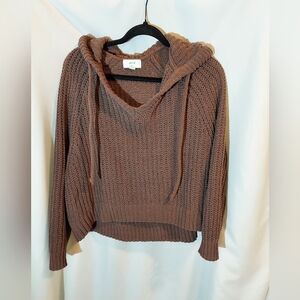Aerie Chocolate Brown V-Neck Cropped Oversized Chunky Hooded Sweater
